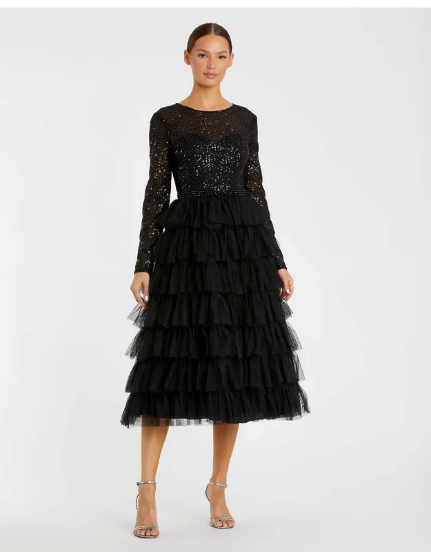 Ieena Black Long Sleeve Ruffle Tiered Midi Dress With Sequined Bodice And Hand-beaded Belt
