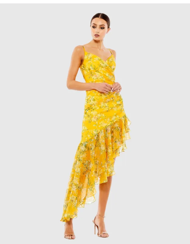 Floral Ruffle Asymmetrical Hi Low Hem Wedding Guest Dress