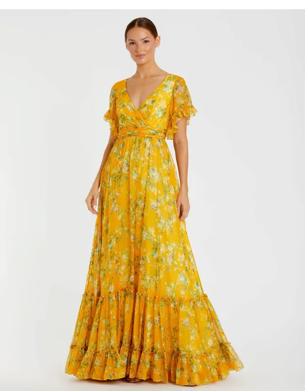 Flounce Sleeve Floral Maxi Wedding Guest Dress