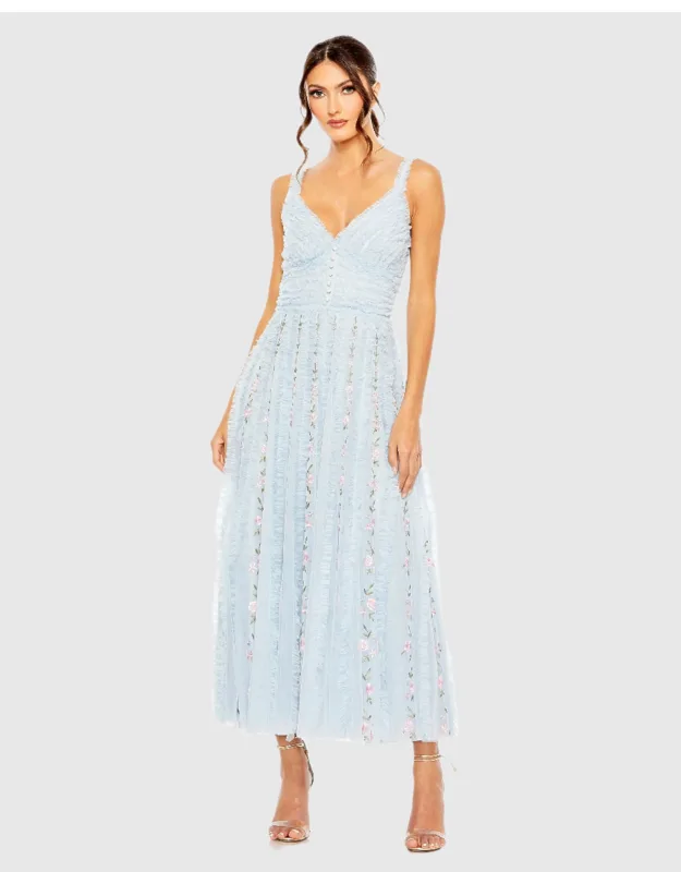 Ruffle Floral Embroidered Detail Tea Length Dress