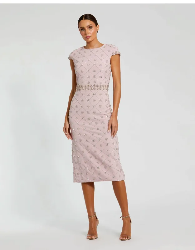 Hand Embellished Cap Sleeve Midi Dress