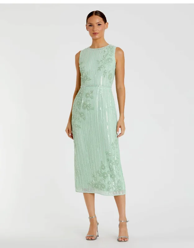 Striped Floral Embellished Sleeveless Midi Dress