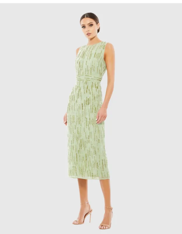 Abstract Beaded Sleeveless Midi Sheath Wedding Guest Dress