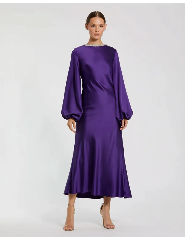 High Neck Long Sleeve Crystal Detail Dress With Puff Sleeves