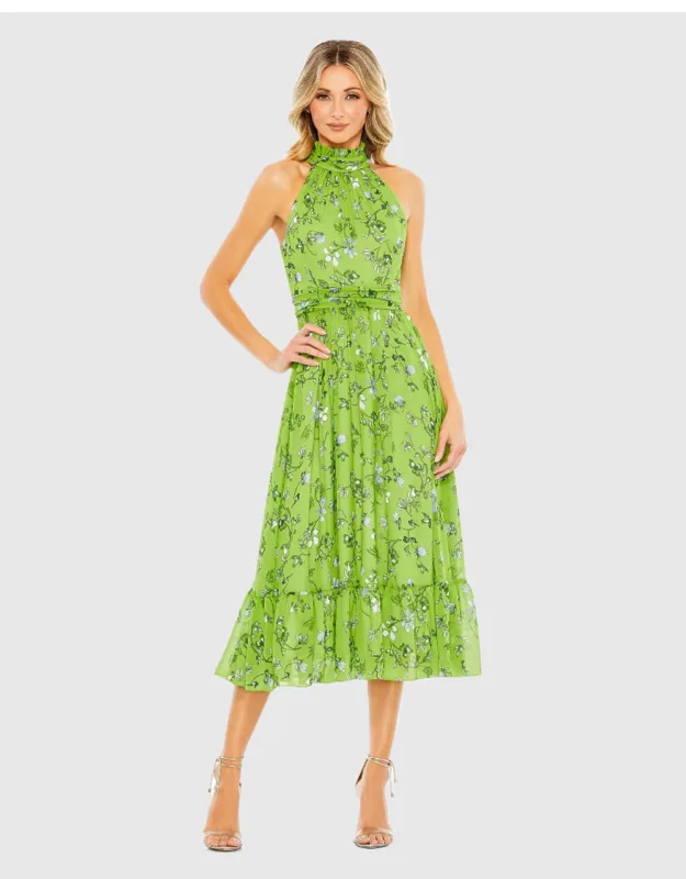Floral Print Halter Neck A Line Wedding Guest Dress
