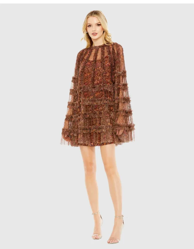 Floral Print Long Flare Sleeve Mesh A-line Dress