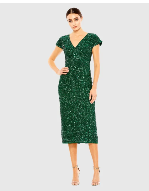 Dark Green Sequined Short Sleeve Wrap Over Cocktail Dress With V-neck And Concealed Back Zipper
