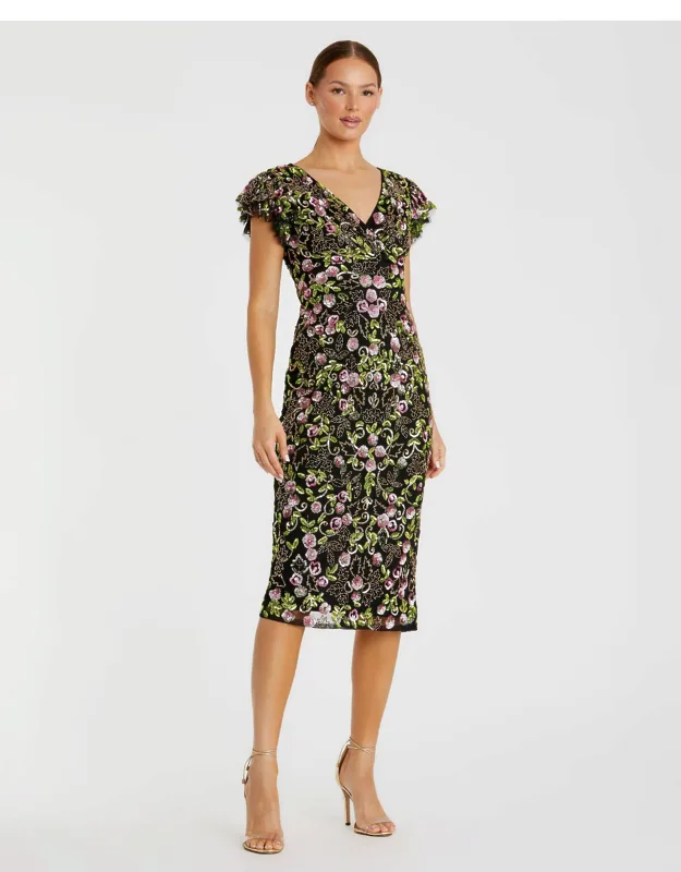 Black Floral Embellished Flutter Cap Sleeve Dress With Hand-stitched Sequins And Concealed Back Zipper