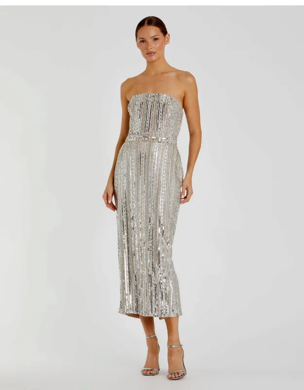 Mac Duggal Embellished Strapless Column Dress With Intricate Hand-stitched Sequins And Beads