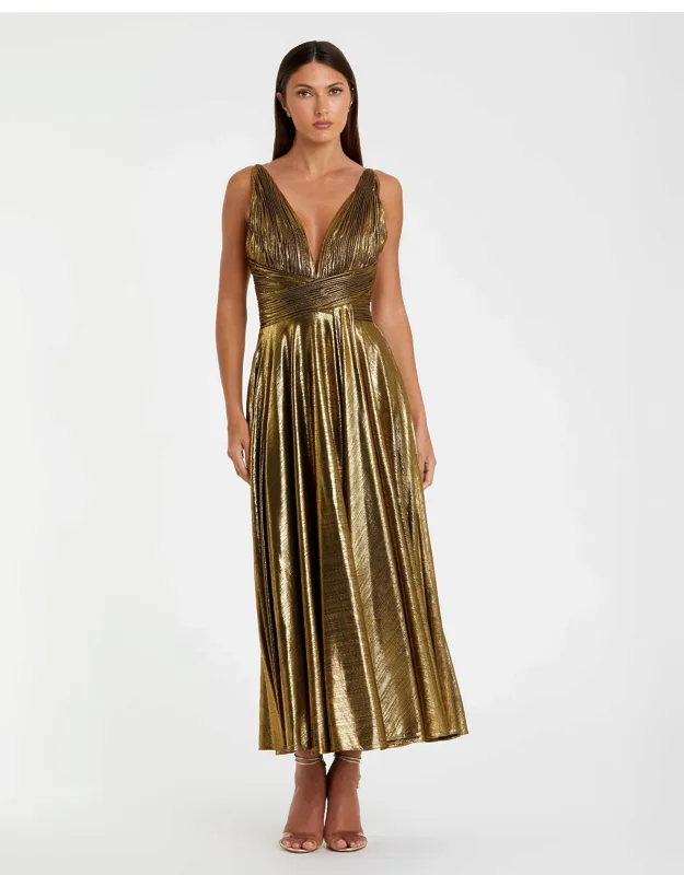 Gold Sleeveless V Neck Pleated Top Metallic Dress