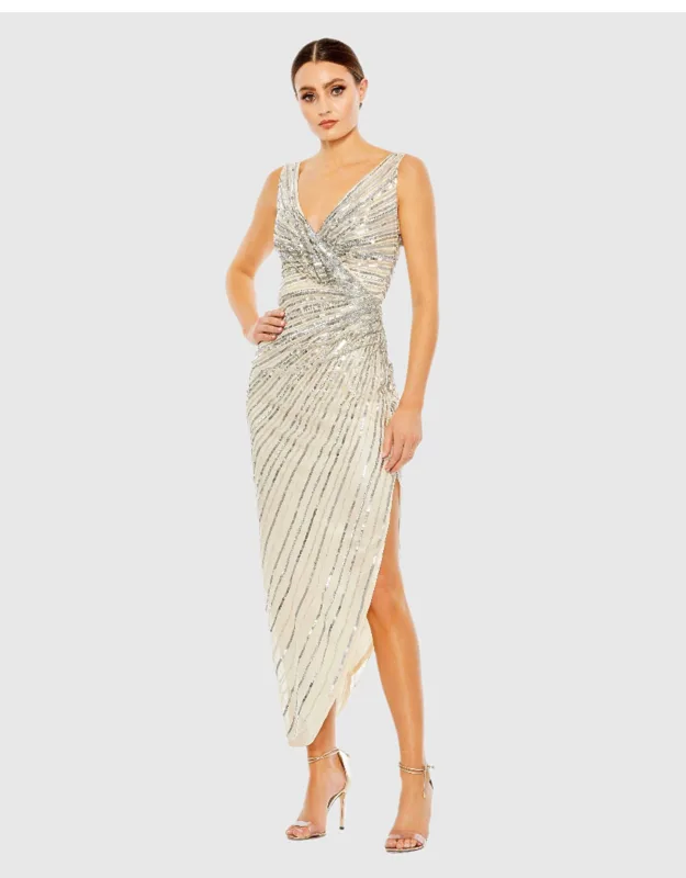 Silver Sequined Faux Wrap Sleeveless Midi Dress