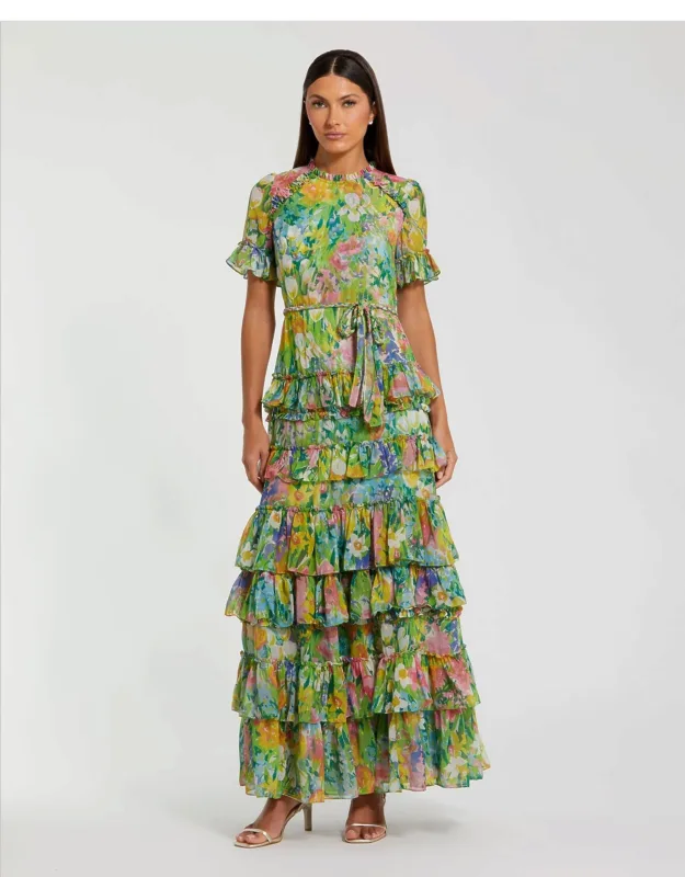 Floral Printed Chiffon Tiered Ruffle Wedding Guest Dress
