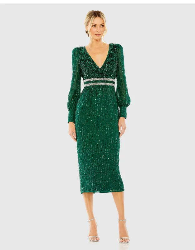 Mac Duggal Sequined V Neck Dress With Beaded Waist And Bishop Sleeves