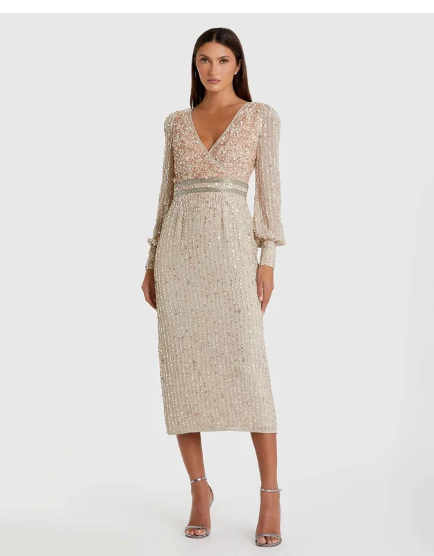 Beige Sequined V Neck Bishop Sleeve Dress With Beaded Waist Detail And Concealed Back Zipper