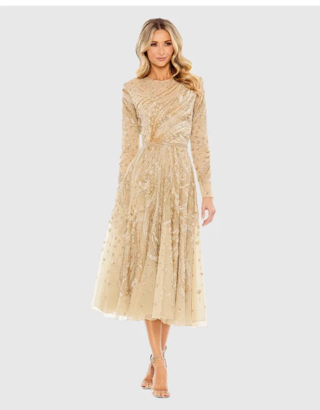 Mac Duggal Embellished Illusion High Neck Long Sleeve Dress With Hand-stitched Beads And Sequins