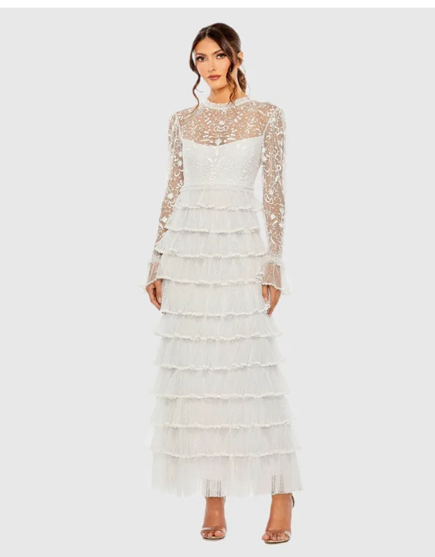 Mac Duggal Embroidered Long Sleeve Ruffled Tiered Dress With Intricate Embroidery And Ruffled Tiered Design