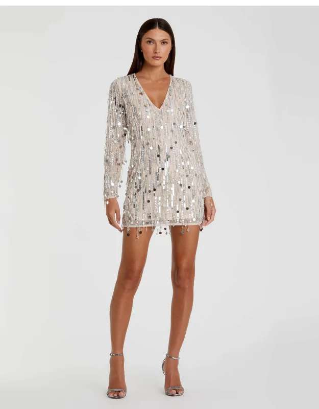 Long Sleeve Beaded Fringee Plunge Neck Dress With Intricate Beading And Playful Fringe Detail