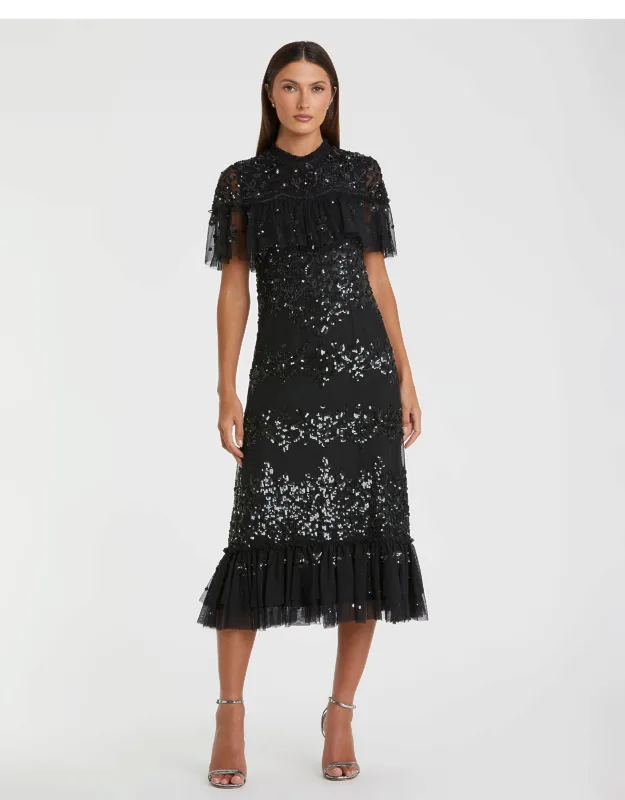 Sequined High Neck Ruffled Flutter Sleeve Wedding Guest Midi Dress