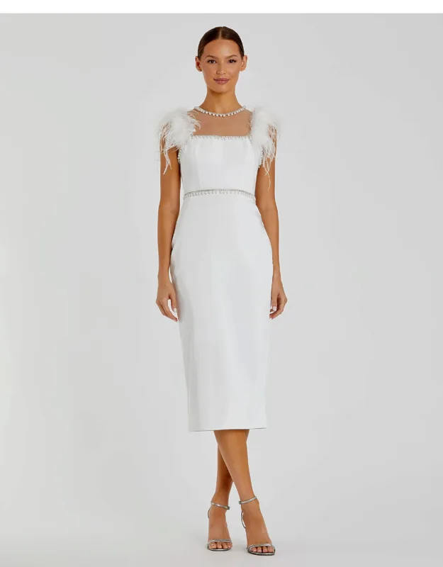 Mac Duggal Feather Cap Sleeve Embellished Dress With Rhinestone Detailing