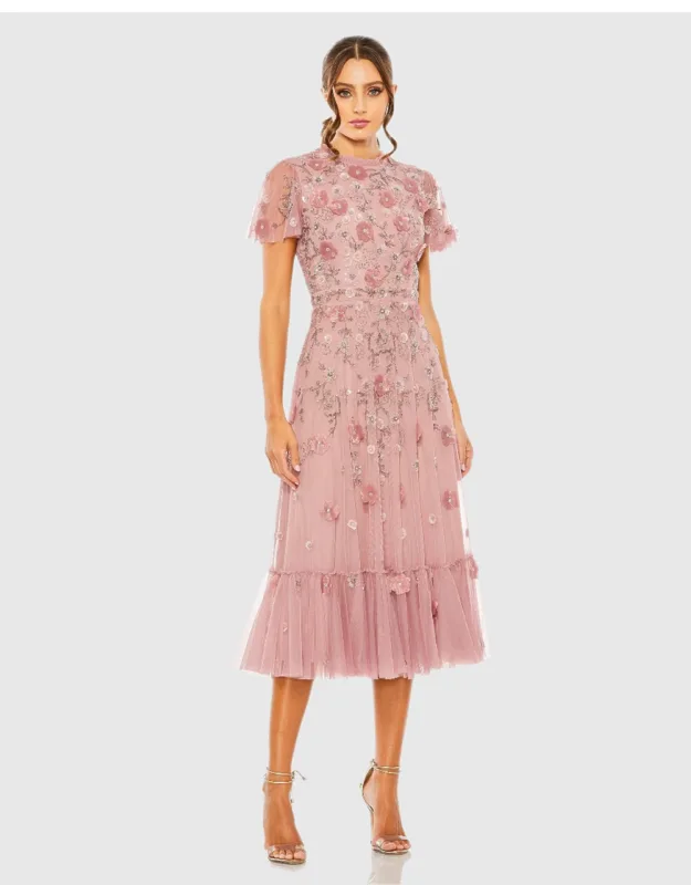 Mac Duggal Embellished High Neck Cap Sleeve Dress With Floral Appliqué And Ruffle Hem