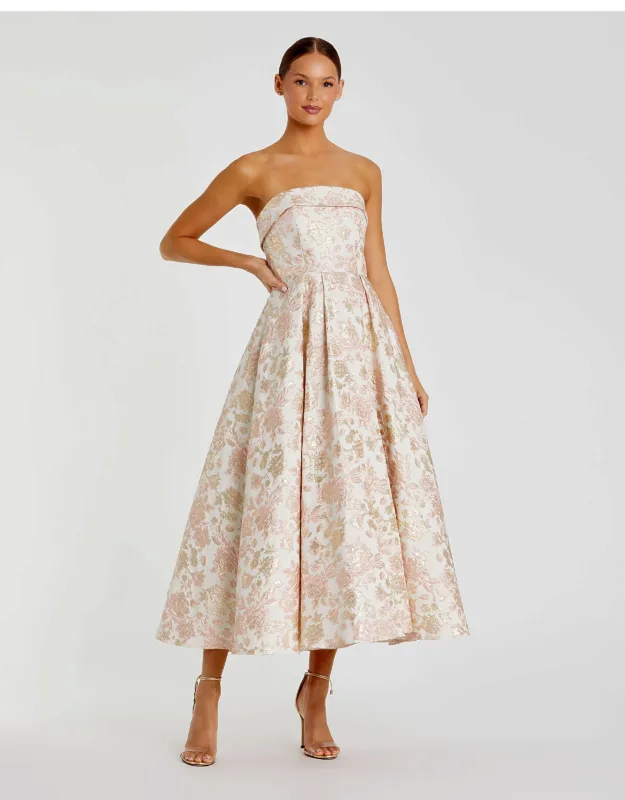 Strapless Floral Brocade A-line Midi Dress