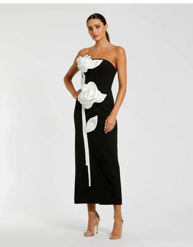 Strapless Crepe Ankle Wedding Guest Dress With 3d Satin Flowers