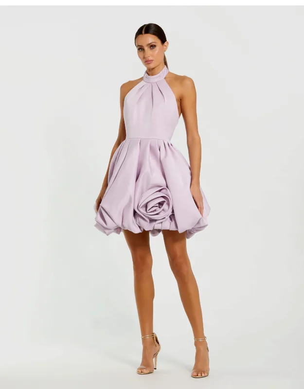 Mac Duggal High Neck Sleeveless Mini Dress With Open Back And Bubble Hem