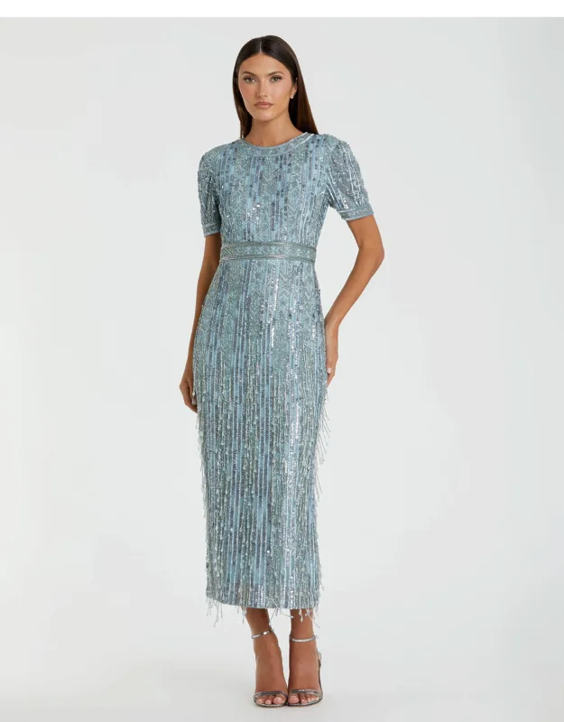 High Neck Short Sleeve Crystal Fringe Column Dress With Beaded Waist Detailing And Back Vent Slip