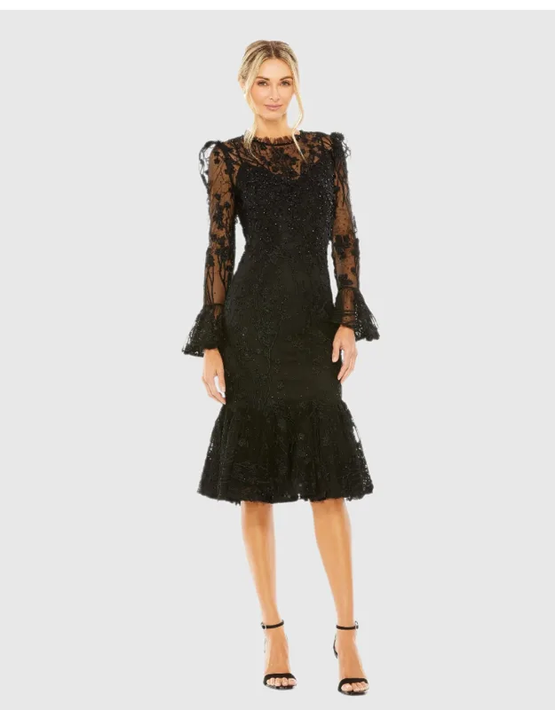 Ruffle Wrist Embellished High Neck Wedding Guest Midi Dress