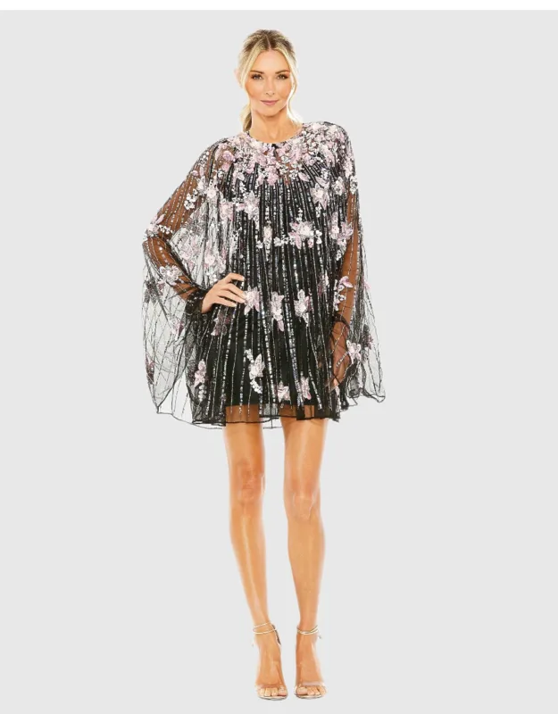 Black High Neck Embellished Trapeze Dress With Beaded And Sequin Details
