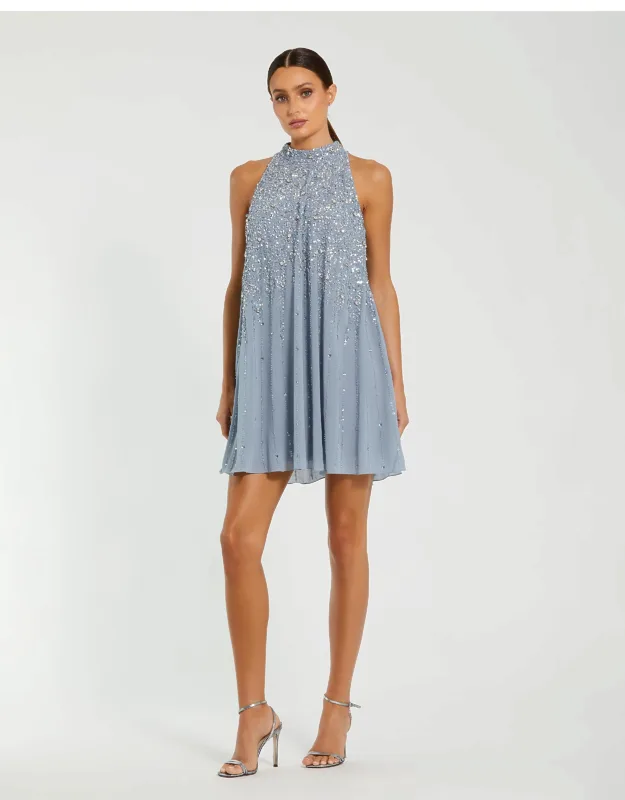 High Neck Sequin Embellished Trapeze Mini Dress