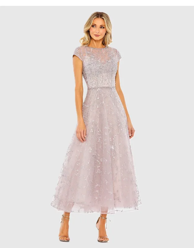 Embellished High Neck Cap Sleeve A Line Dress