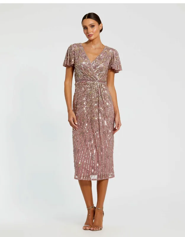 Purple Embellished Faux Wrap Flutter Sleeve Dress With Effortless Charm And Delicate Embellishments
