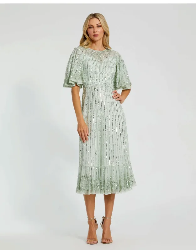 Flounce Sleeve Midi Dress With Beaded Waist Detail And Illusion High Neckline