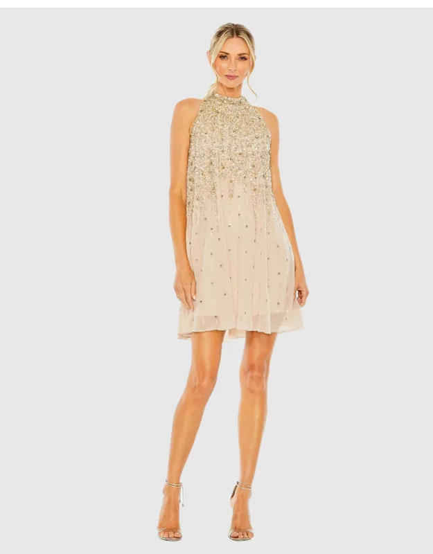 High Neck Sleeveless Sequin Embellished Trapeze Dress