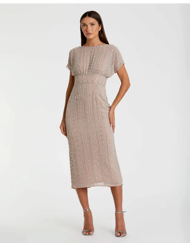 Beaded Cap Sleeve Empire Waist Sheath Midi Dress With Glamorous Intricate Beading