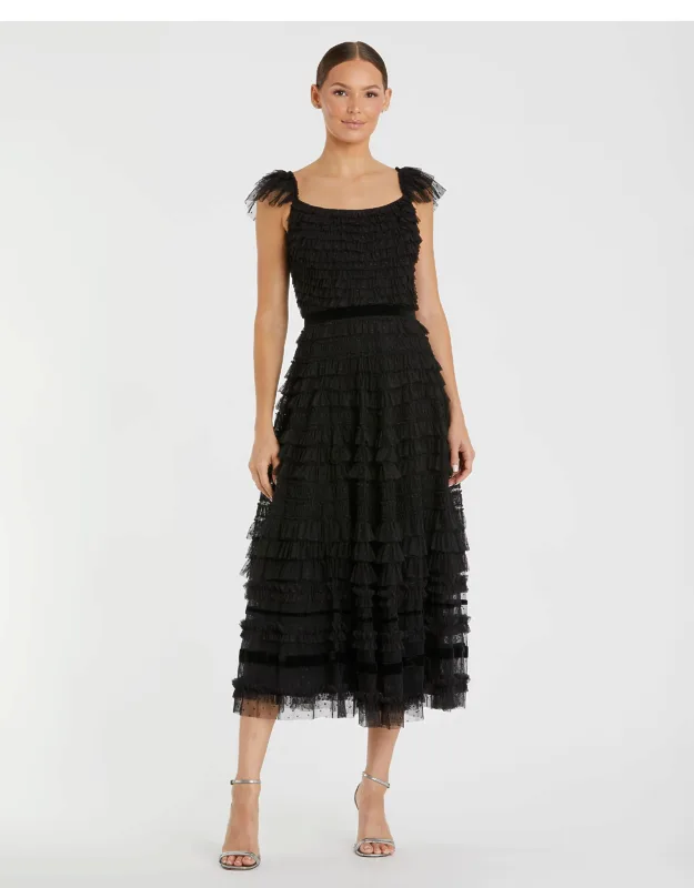 Ruffle Cap Sleeve Tiered Midi Dress With Velvet Ribbon Belt And Concealed Back Zipper