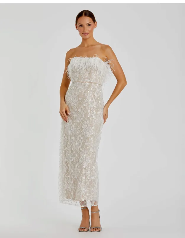 Mac Duggal Embellished Strapless Column Dress With Feather-embellished Neckline And Back Vent