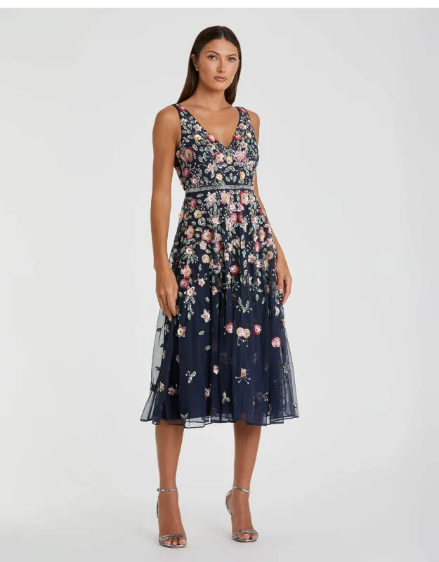 Mac Duggal V-neck Sleeveless Midi Floral Beaded A-line Dress With Stunning Floral Sequin And Beading, Touch Of Elegance