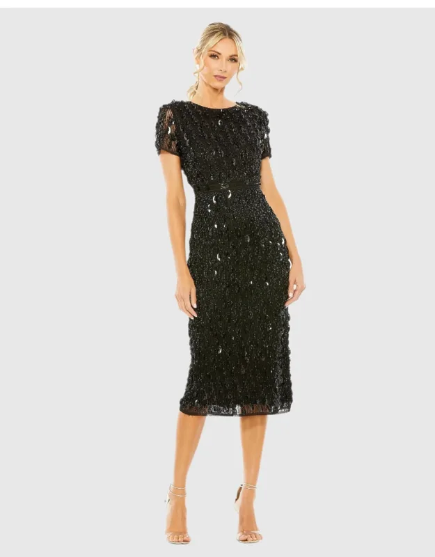 High Neck Short Sleeve Embellished Wedding Guest Dress