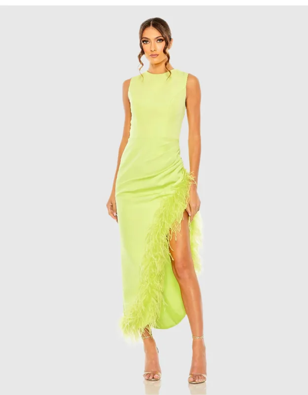 Sleeveless Faux Wrap Wedding Guest Dress With Feather Detail