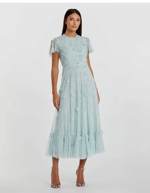 Mac Duggal Blue Embellished High Neck Cap Sleeve A Line Dress With Embellished Sequin Mesh Overlay And Fully-lined Bodice