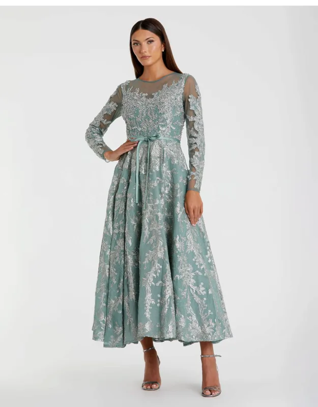 Bow Belt Illusion Long Sleeve A Line Dress With Jewel-encrusted Embellishments, Soft Tie Waist