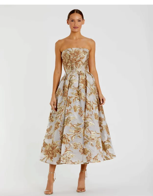 Gold Strapless Brocade Wedding Guest Midi Dress With Pockets
