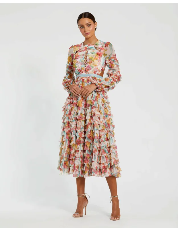 Long Sleeve Tiered Ruffle Cutout Criss Cross Dress