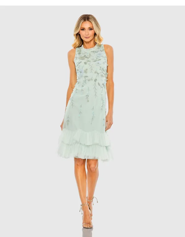 Floral Embellished Ruffle Tiered High Neck Dress