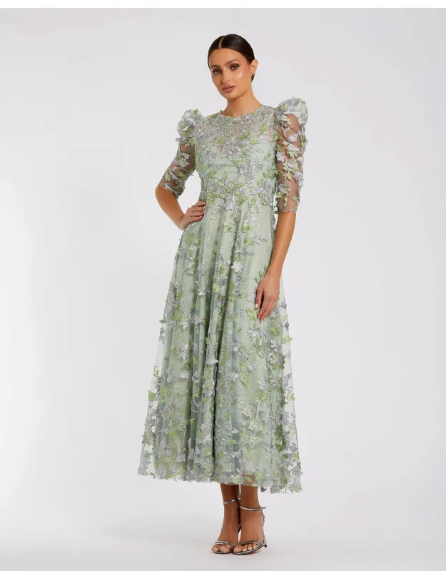 Mac Duggal Green Applique High Neck Puff Sleeve A Line Wedding Guest Dress With Beaded Waist Detail And Concealed Back Zipper