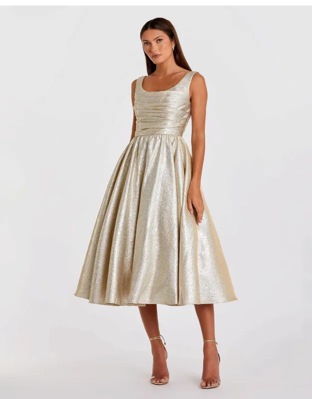 Gold Square Neck Sleeveless A-line Wedding Guest Dress