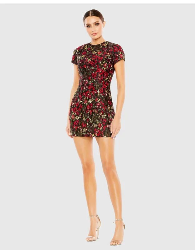 Floral Brocade Cap Sleeve Fitted Dress