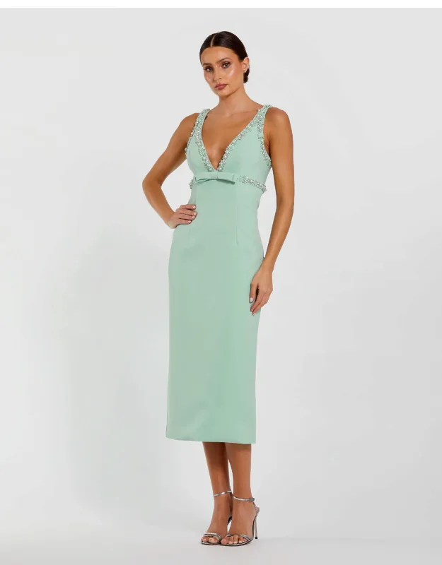 Fitted Midi Dress With Bow And Beaded Trim